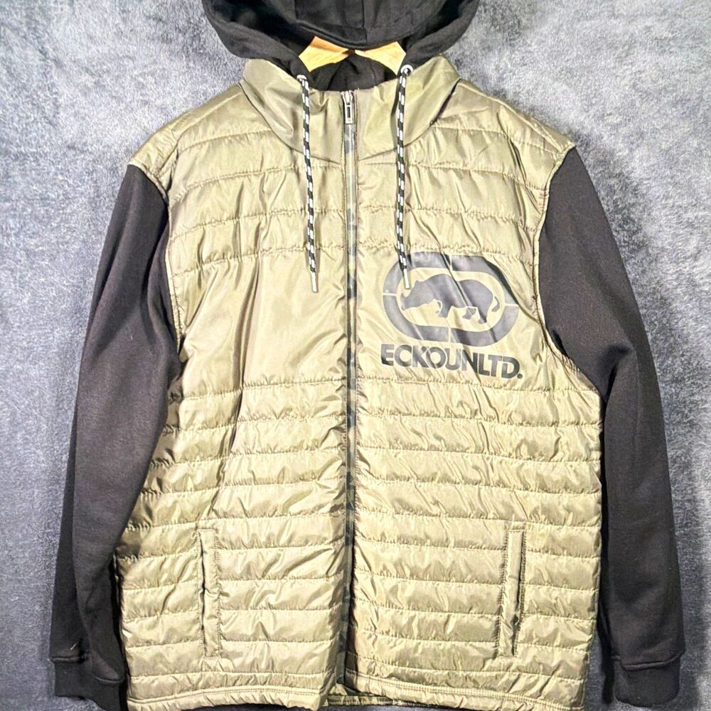 Ecko Unltd. Men’s Green/Black Puffer Jacket 2XL Full Zip Hooded Logo